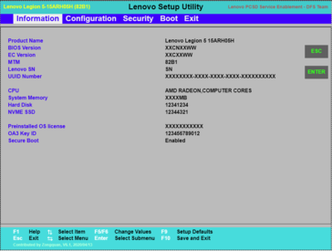 Lenovo Legion 5 15ARH05 - BIOS Simulator Center entry. (Source: Lenovo)