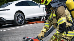The high-pressure nozzle can quickly put out an EV car battery fire (image: Rosenbauer)