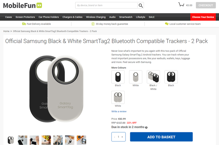 The Galaxy SmartTag 2's alleged new sales page. (Source: Mobile Fun)