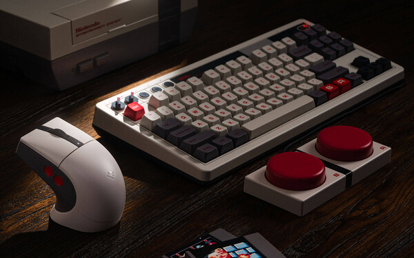 The 8BitDo Retro R8 Mouse - N Edition, Retro Mechanical Keyboard - N Edition, and Dual Super Programmable Buttons. (Image source: 8BitDo)