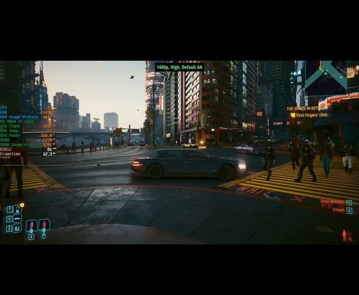 Cyberpunk 2077 gameplay at 1440p High settings with FSR 4 on RX 9600 XT, showing on-screen performance metrics. (Image source: RandomGaminginHD on YouTube)