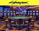 Cyberpunk 2077 logo pictured above futuristic casino (Image source: Rockstar Games with edits)