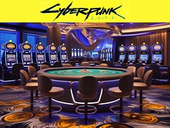 Cyberpunk 2077 logo pictured above futuristic casino (Image source: Rockstar Games with edits)