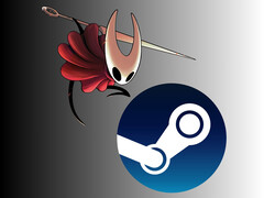 Hornet from Hollow Knight: Silksong above Steam logo (Image source: Team Cherry, Steam, with edits)