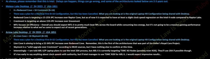 Intel Meteor Lake and Arrow Lake information. (Source: MLID)