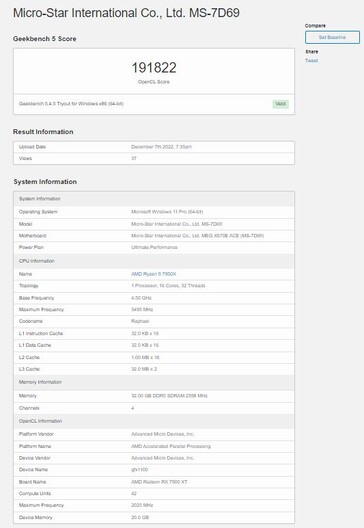 RX 7900 XT OpenCL benchmark. (Source: Geekbench via BenchLeaks)