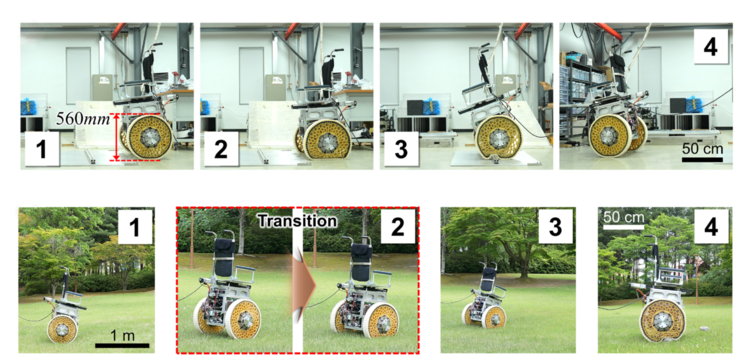 A two-wheeled wheelchair system overcoming a square obstacle and a rock. (Image source: KIMM)