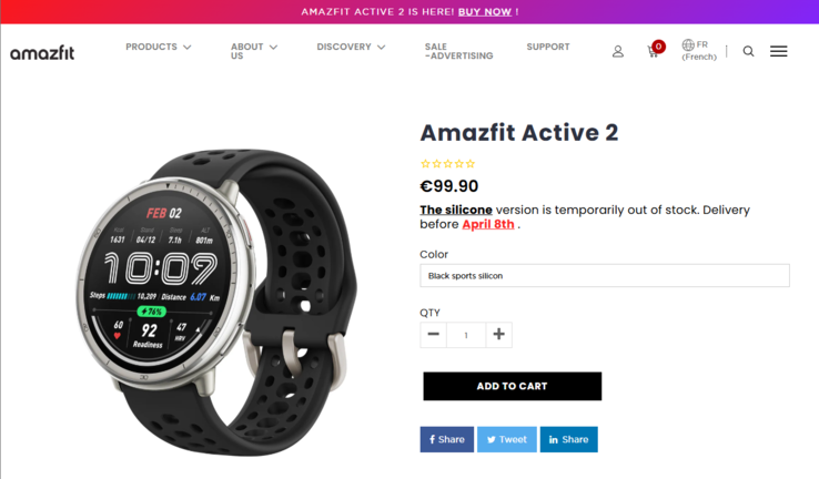 The Amazfit Active 2 smartwatch is listed as out of stock in some European countries. (Image source: Amazfit)