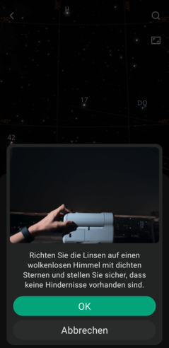 Before the telescope begins its automatic calibration, the app provides clear step-by-step instructions (Image source: Screenshot Marc Zander / Notebookcheck)