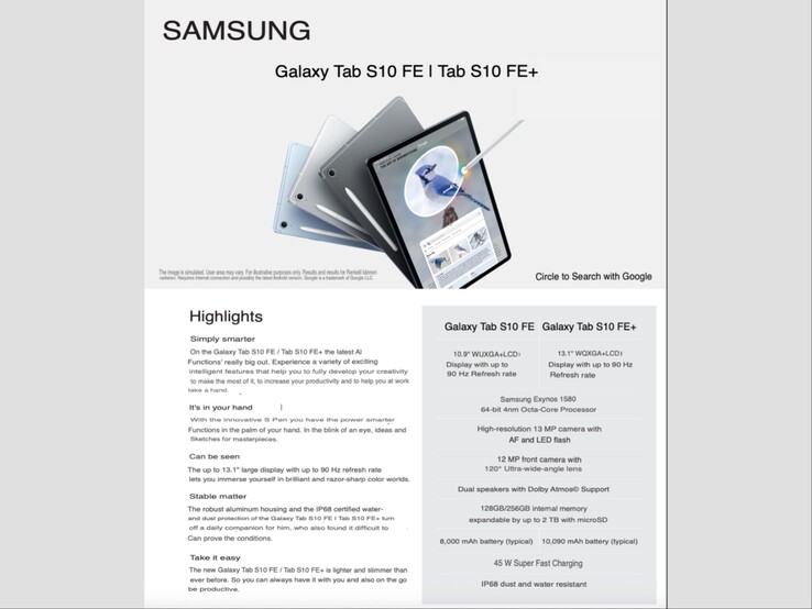 The official looking image shows features and specifications for the upcoming Galaxy Tab S10 FE and FE+. (Image source: Mystery Lupin on X)
