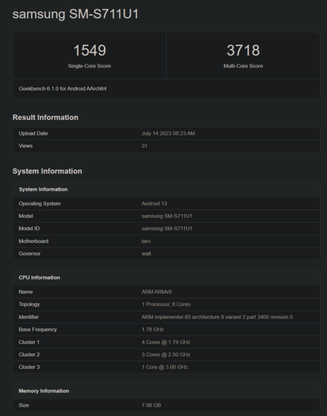 Galaxy S23 FE on Geekbench with a Snapdragon 8 Gen 1 (image via Geekbench)