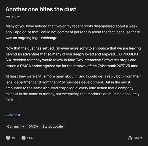 Luke Ross Patreon post on Cyberpunk 2077 VR mod takedown (Image source: screenshot, Luke Ross Patreon)