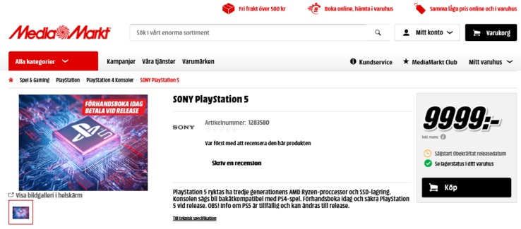 PS5 for 9,999 krona? (Image source: MediaMarkt)