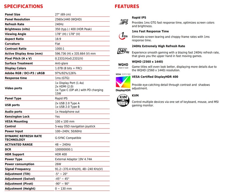 MSI Optix MAG274QRX - Specifications. (Source: MSI)