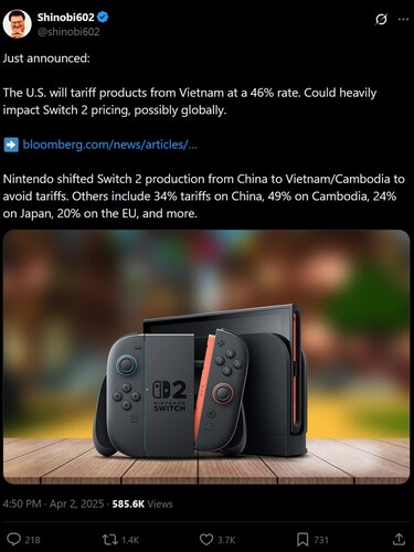 Vietnam tariffs effect on Switch 2 response on X (screenshot, Shinobi602 X account)