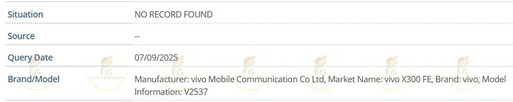 The Vivo X300 FE spotted on the IMEI database, confirming its model number as V2537. (Image source: Passionategeekz)