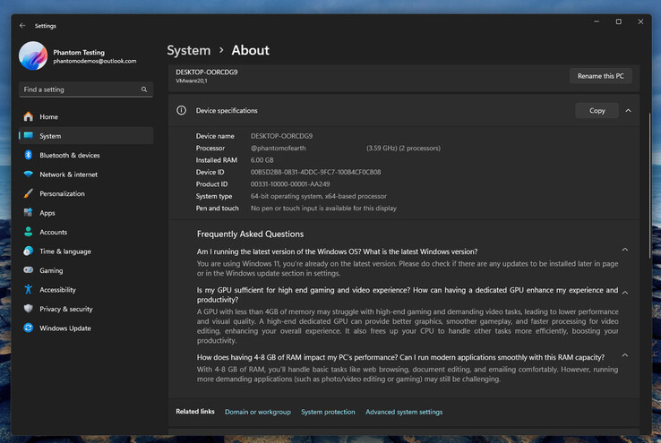 A screenshot of Windows 11 dev build with a FAQ section added below your system hardware information. (Image source: ‪@phantomofearth.bsky.social‬)