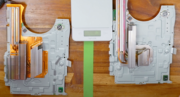 Heatsink difference between the old (left) and new (right) PS5. (Image Source: Austin Evans on YouTube)