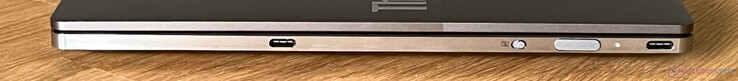 Right: USB-C 4.0 with Thunderbolt 4 (40 Gbit/s, DisplayPort ALT mode 1.4, Power Delivery 3.0), webcam eShutter, power button, USB-C 4.0 with Thunderbolt 4 (40 Gbit/s, DisplayPort ALT mode 1.4, Power Delivery 3.0)