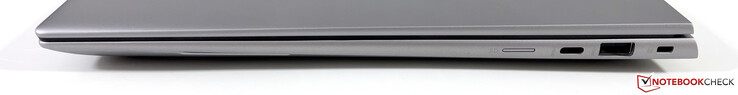 Right: microSD reader, USB-C 3.2 Gen.2 (10 GBit/s, DisplayPort-ALT 1.4), USB-A 3.2 Gen.1 (5 GBit/s), Kensington Lock