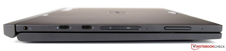 Left: headphone/microphone port, 2x USB Type-C Thunderbolt, Micro-SIM/microSD, volume rocker