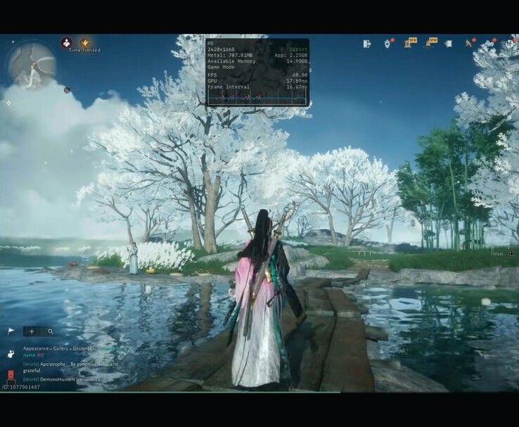 Where Winds Meet Mobile running on the M5 iPad Pro with performance overlay showing resolution and frame rate (Image source: Dame Tech via YouTube)