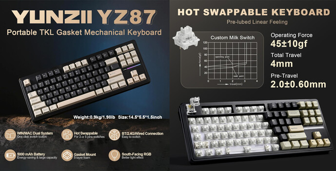 The Yunzii YZ87 is available with the middle-weight Yunzii Milk linear switch. (Image source: Yunzii)