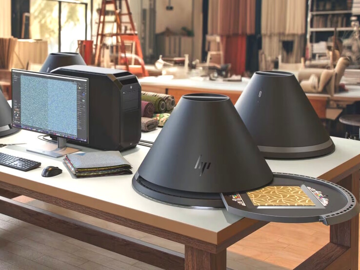 HP Z Captis uses eight polarized lights inside the shade cone to illuminate material textures from 360 degrees. (Image source: HP)