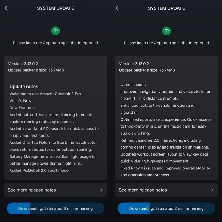 The release notes for Amazfit Cheetah 2 Pro fw 3.13.0.2