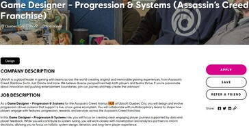 Ubisoft job listing description for Game Designer is shown