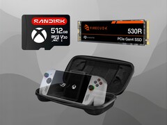 Asus ROG Ally accessories are shown (Image source: Sandisk, Seagate, Asus with edits)