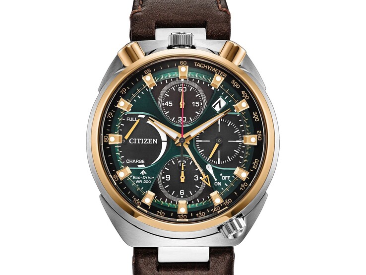 Citizen Promaster Tsuno Chrono Racer AV0104-06W with a two-tone stainless steel case, emerald green dial, black chronograph subdials, and brown leather strap.
