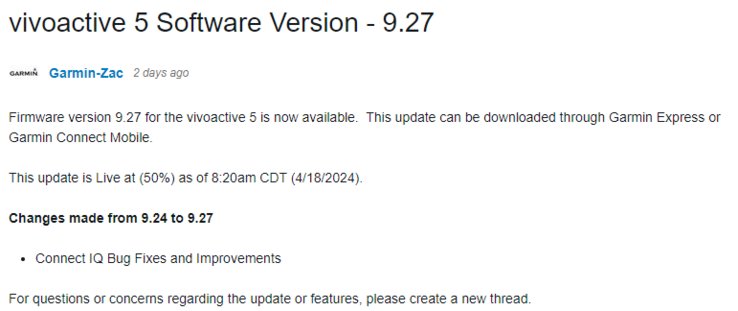 Garmin 软件版本 9.27 的更改日志。（图片来源：Garmin）