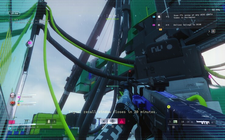 A towering relay structure and bright industrial cabling frame one of Marathon’s objective-driven runs, with the recall window adding time pressure to the mission.