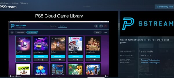 PSStream PS5 Game Library feature shown (Image source: screenshot, Steam, PSStream with edits)