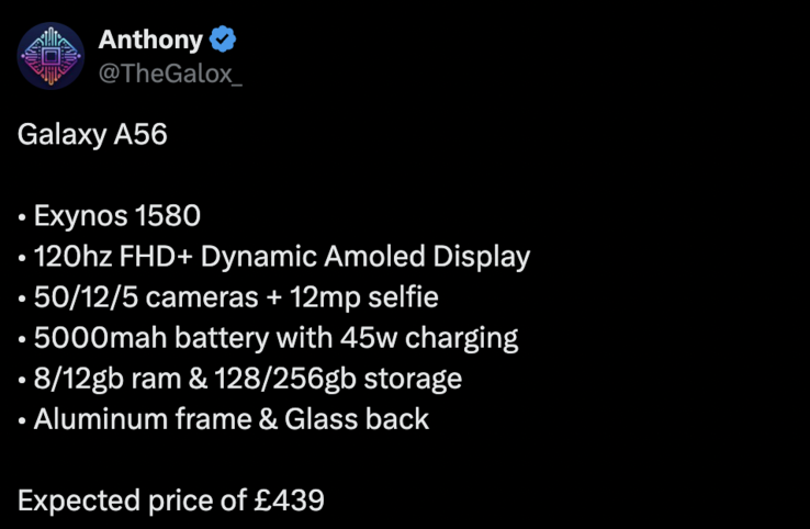 Leaked details of the Galaxy A56. (Image source: X)
