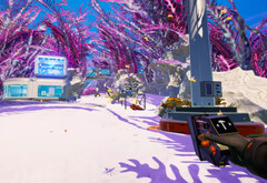 The Planet Crafter open world survival craft game screenshot with purple plants and buildings