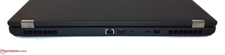 Rear: RJ45 Ethernet, HDMI, 2x Thunderbolt 3, slim tip power supply