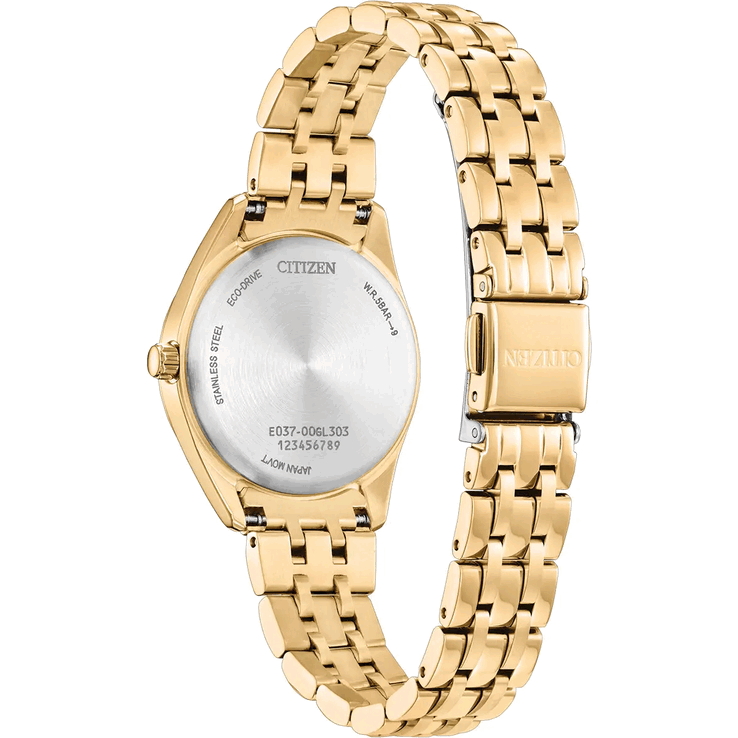 The Peyten EM1232-59D comes with a gold-tone stainless steel case and bracelet