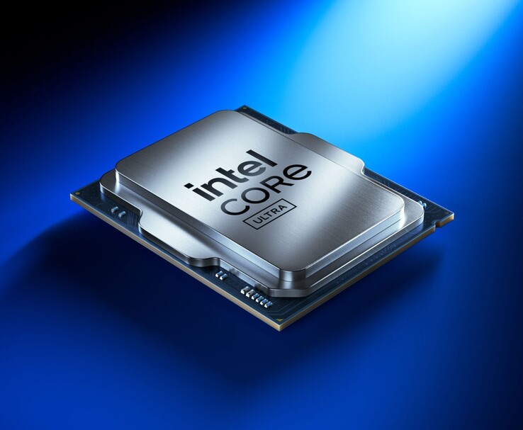 Intel Core Ultra processor on a blue gradient background, showcasing its sleek metallic design and embedded circuits. (Image source: Intel)