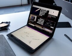 The &quot;Twin River&quot; prototype can be used in regular laptop mode, with one display acting as a touch keyboard. (Source: The Verge)