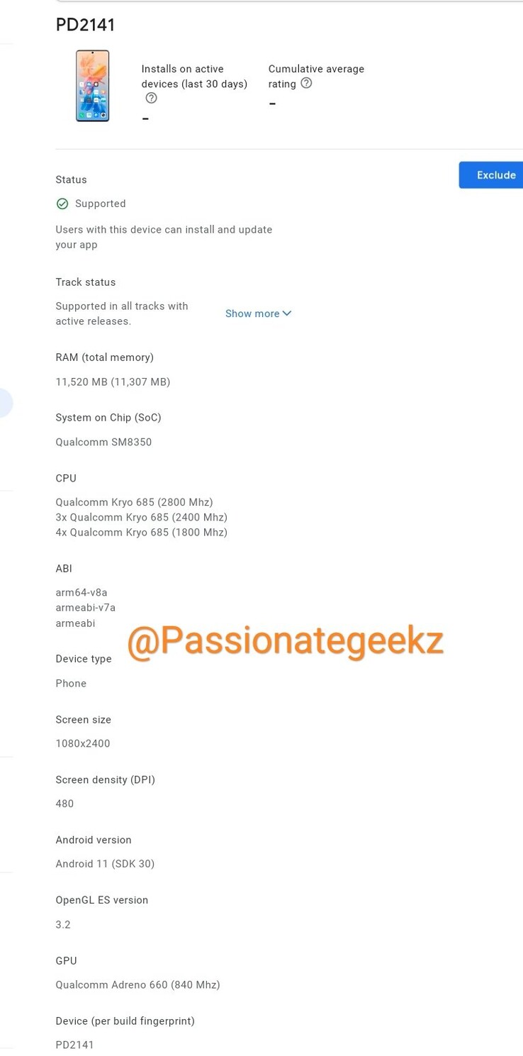 The PD2141 still has Android 11 and 12GB of RAM, at least. (Source: @Passionategeekz via Twitter)
