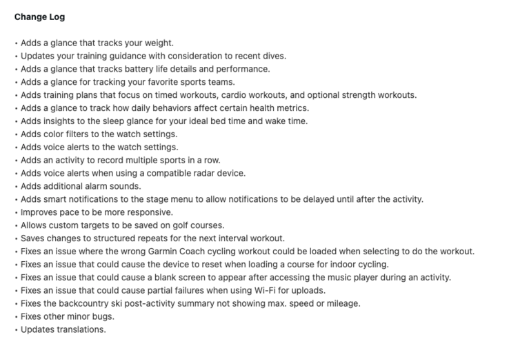 The beta version 16.28 change log for the Garmin Forerunner 970