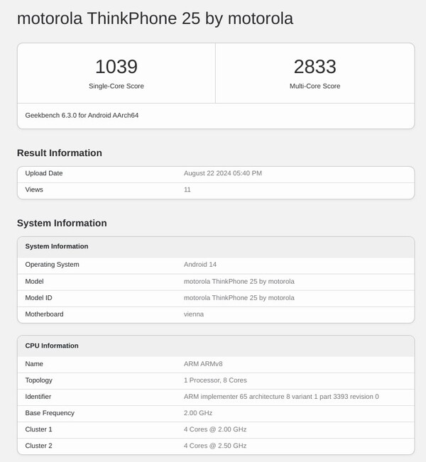 The new ThinkPhone is shown to have 8GB of RAM, but there'll likely be other configurations. (Image source: Geekbench)