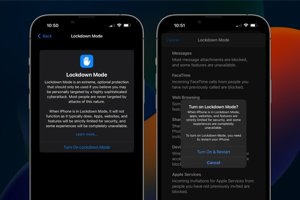 The splash screen for Lockdown Mode previewed on iOS 16 Developer Beta 3 on the iPhone 13 Pro Max. (Image source: Own, Apple - edited)