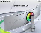 Samsung Odyssey OLED G9 from the back showing RGB ring and silver colorway. (Image source: Amazon)