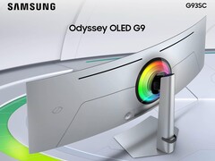 Samsung Odyssey OLED G9 from the back showing RGB ring and silver colorway. (Image source: Amazon)