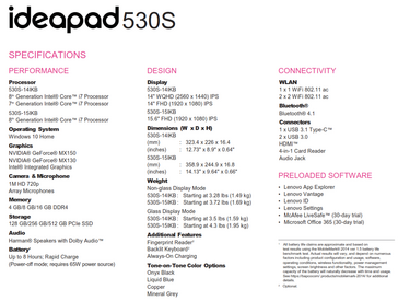 Lenovo IdeaPad 530S specifications. (Source: Lenovo)