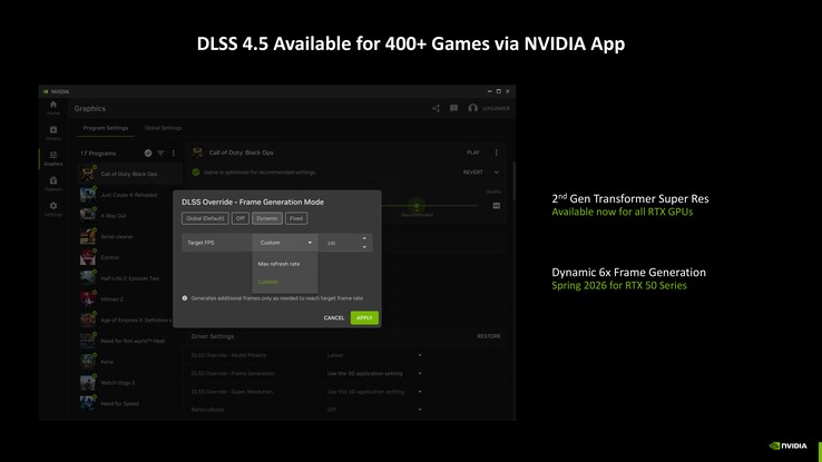 DLSS 4.5 with 2nd gen Transformer can be enabled directly via the Nvidia app for all RTX GPUs. (Image Source: Nvidia)