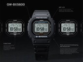 Casio G-Shock GW-BX5600 watch shown with callouts highlighting its MIP LCD, two font styles, Tough Solar power, Bluetooth connectivity, and Multiband 6 radio-controlled timekeeping.